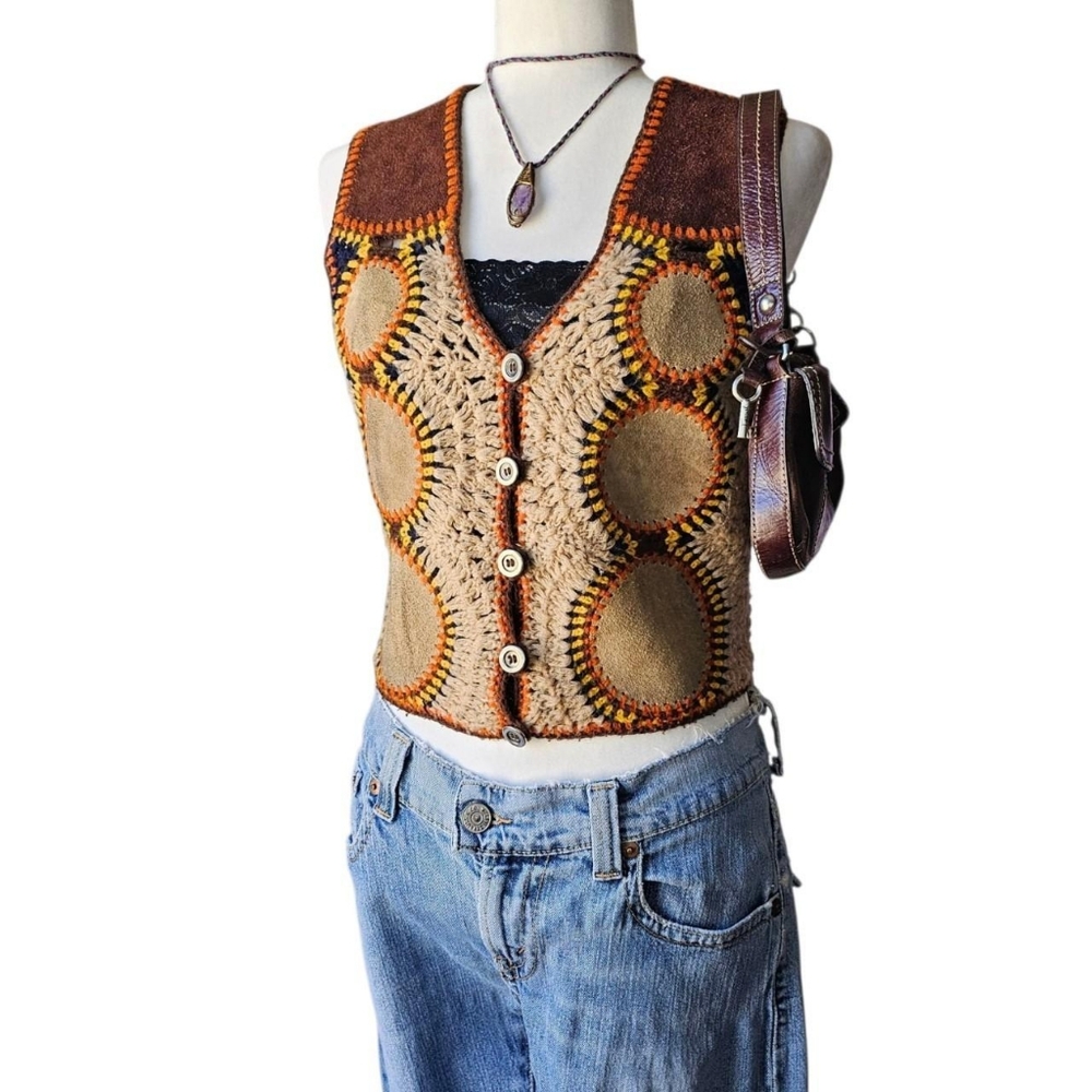 Rare Vintage 70s Hippie Brown Leather Patchwork Crochet Button Up Sweater Vest